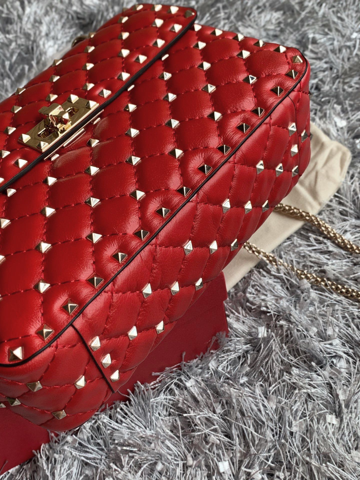 Valentino Garavani Rockstud Spike Medium Chain Bag in Red Supple Lambskin Nappa